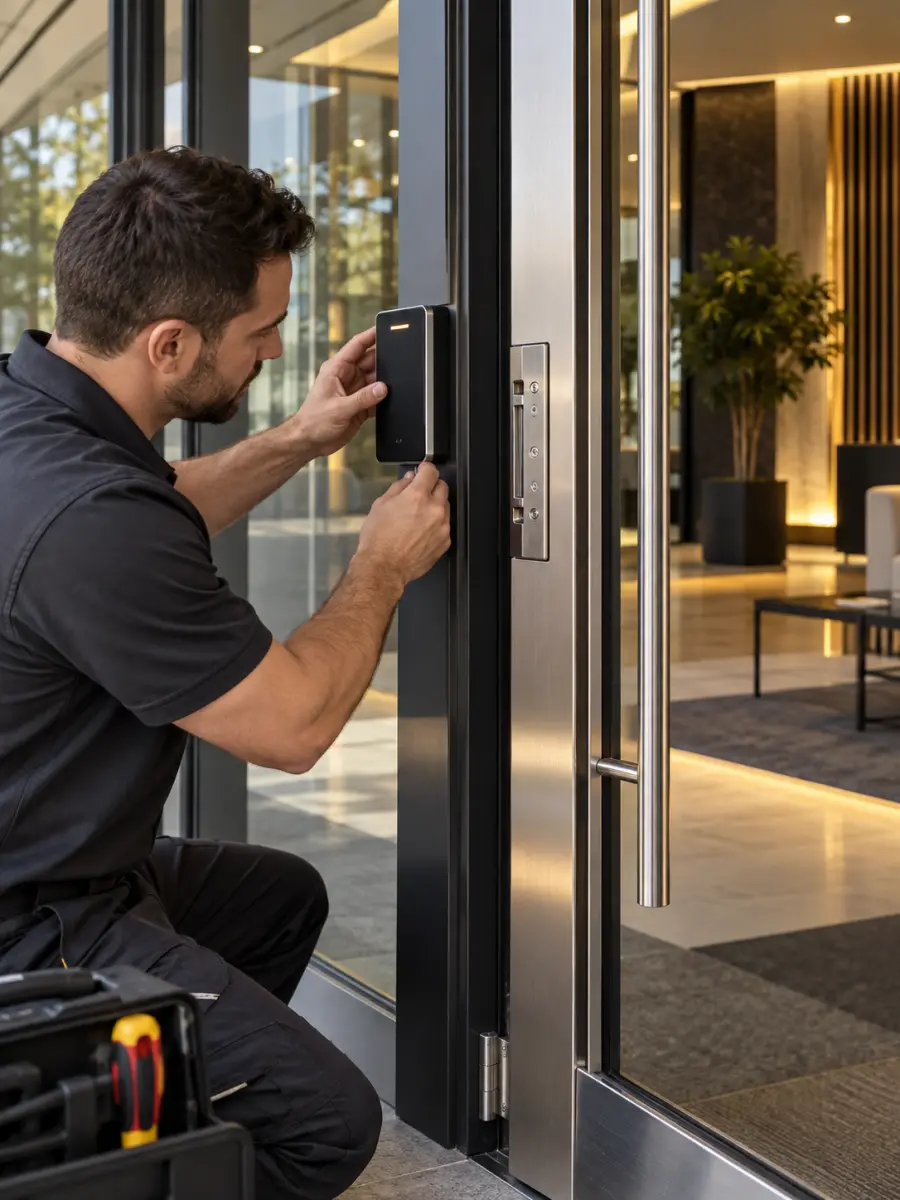 Installer fitting a card reader beside a glass entrance door