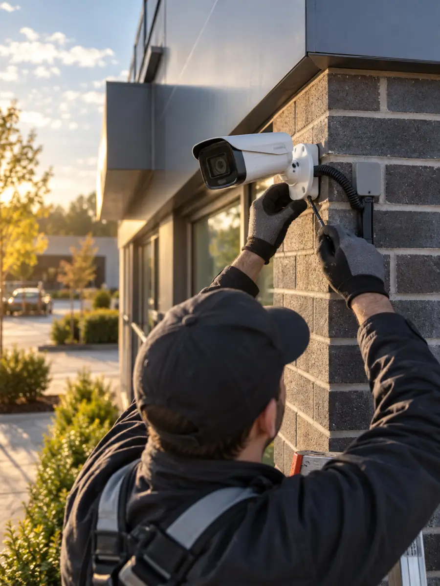 Installer mounting a CCTV camera on a commercial building
