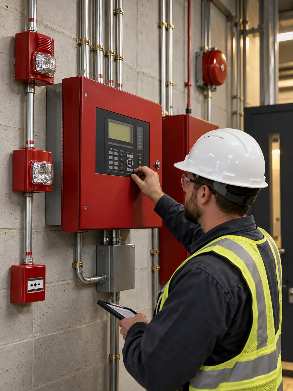 Commercial fire alarm control panel mounted in a building riser