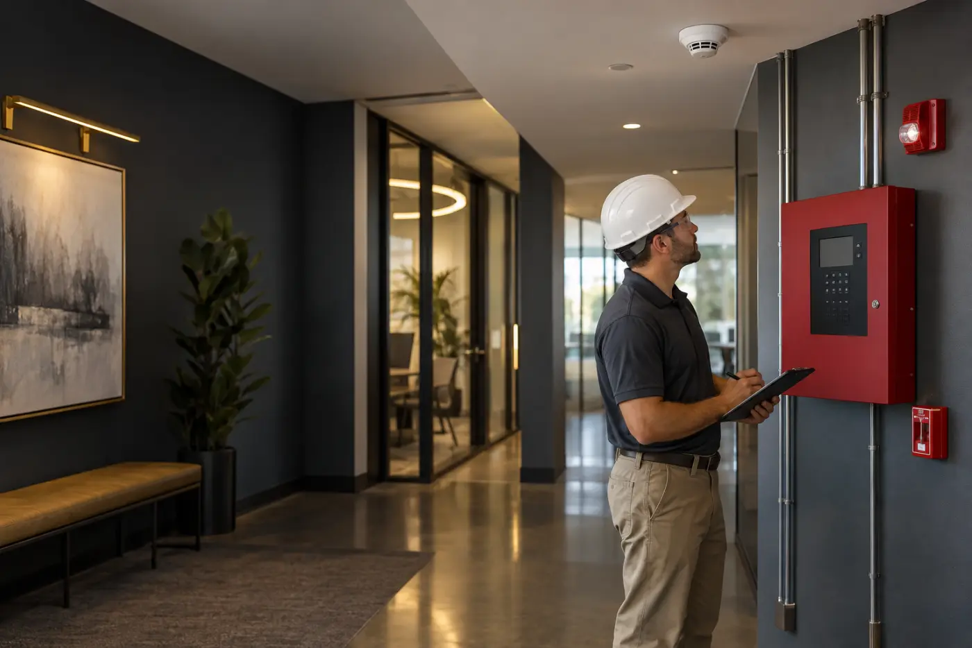 Engineer inspecting a fire alarm panel and smoke detector in an office corridor