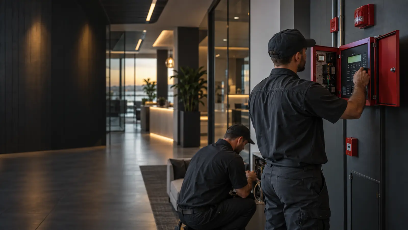High Tech technicians installing a fire alarm control panel in a commercial lobby